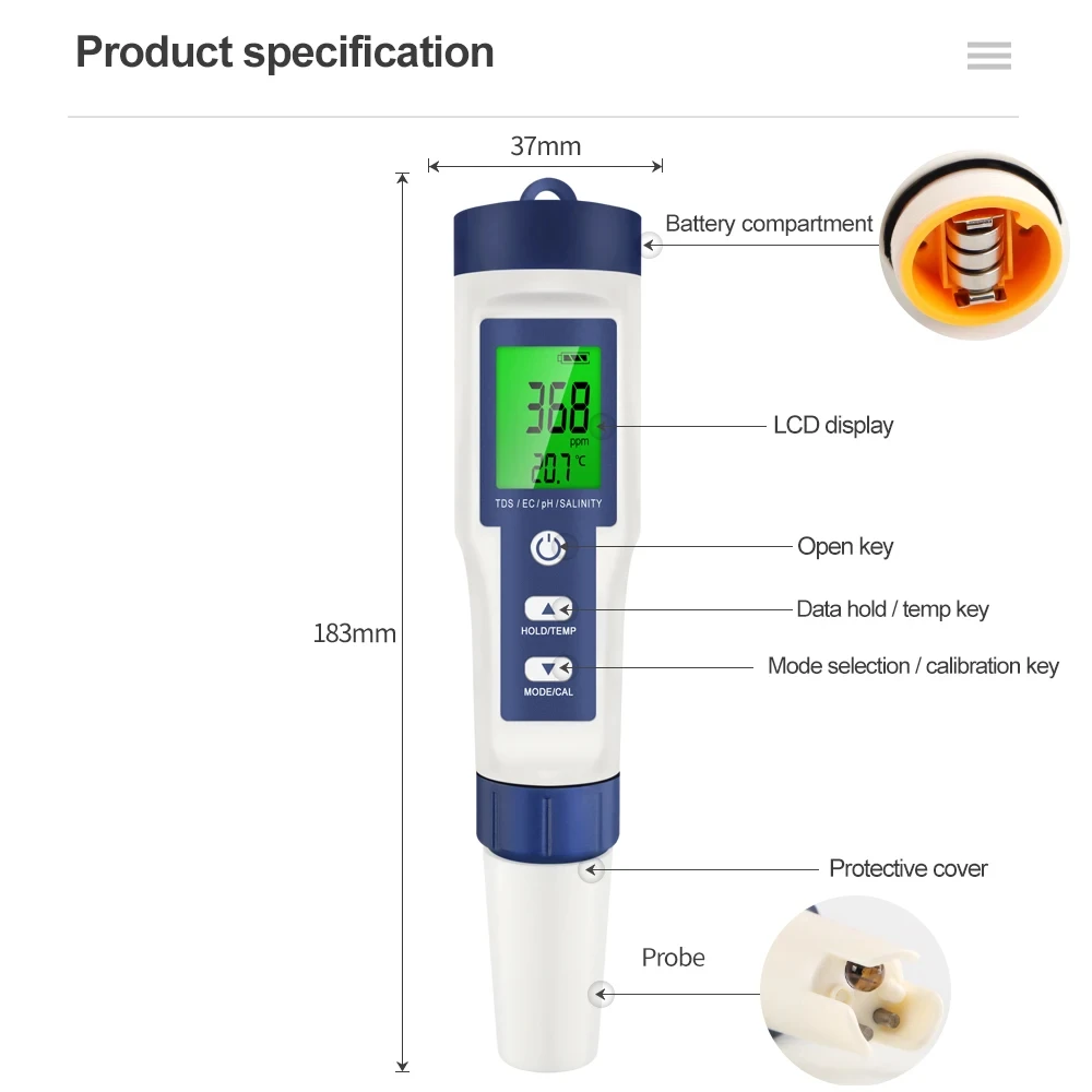 Water Testing Kit - Tester Digitale 5-in-1 per PH, TDS,